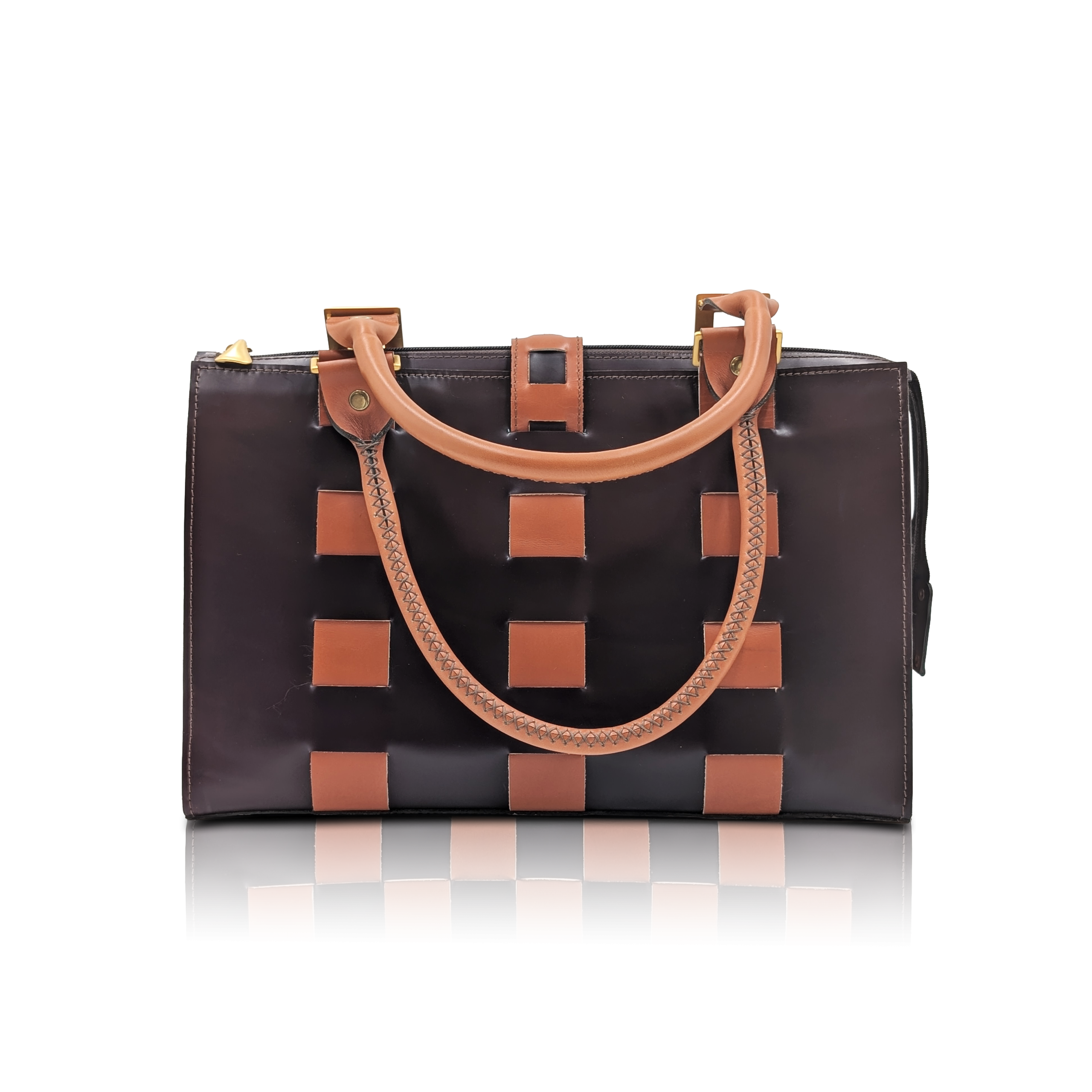 HandBag “Scacco” in pelle intrecciata bordeaux e cognac | Borsa artigianale di lusso