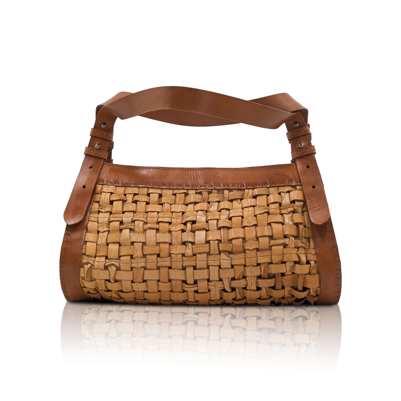 HandBag “Intreccio” in pelle intrecciata cognac chiaro | Tracolla regolabile