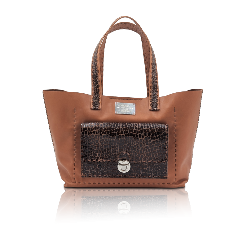 Shopper “Ilaria” Cognac Calf Leather Shopper | Croco Front Pocket