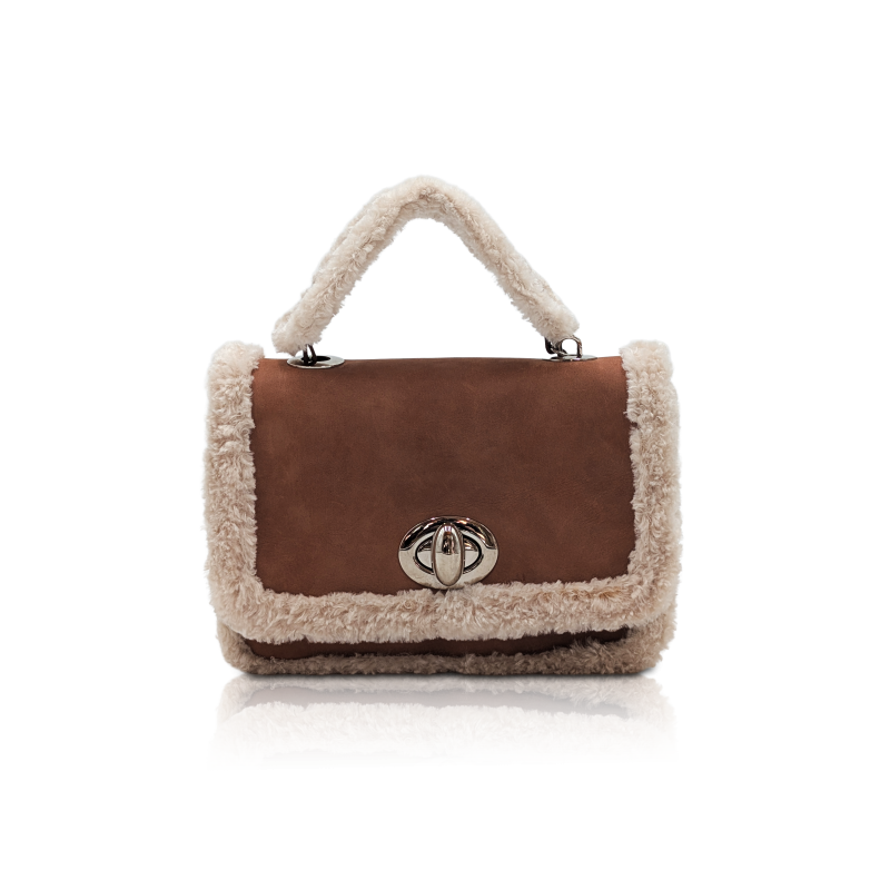 HandBag “MagI” in pelle scamosciata cognac | Manico in pelliccia tessile