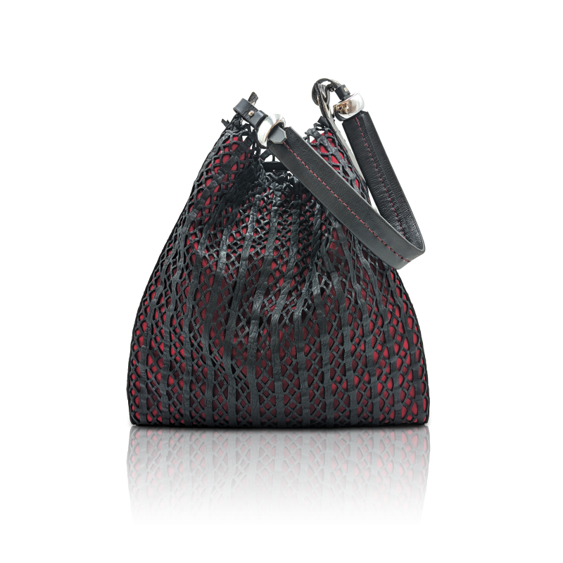 “Rete” Black Calf Leather Handbag | Net-Effect Leather & Red Lining