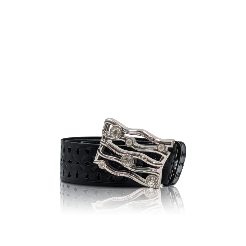 Cintura in vera pelle nera “Brilly” | Pelle bottalata e fibbia con zirconi