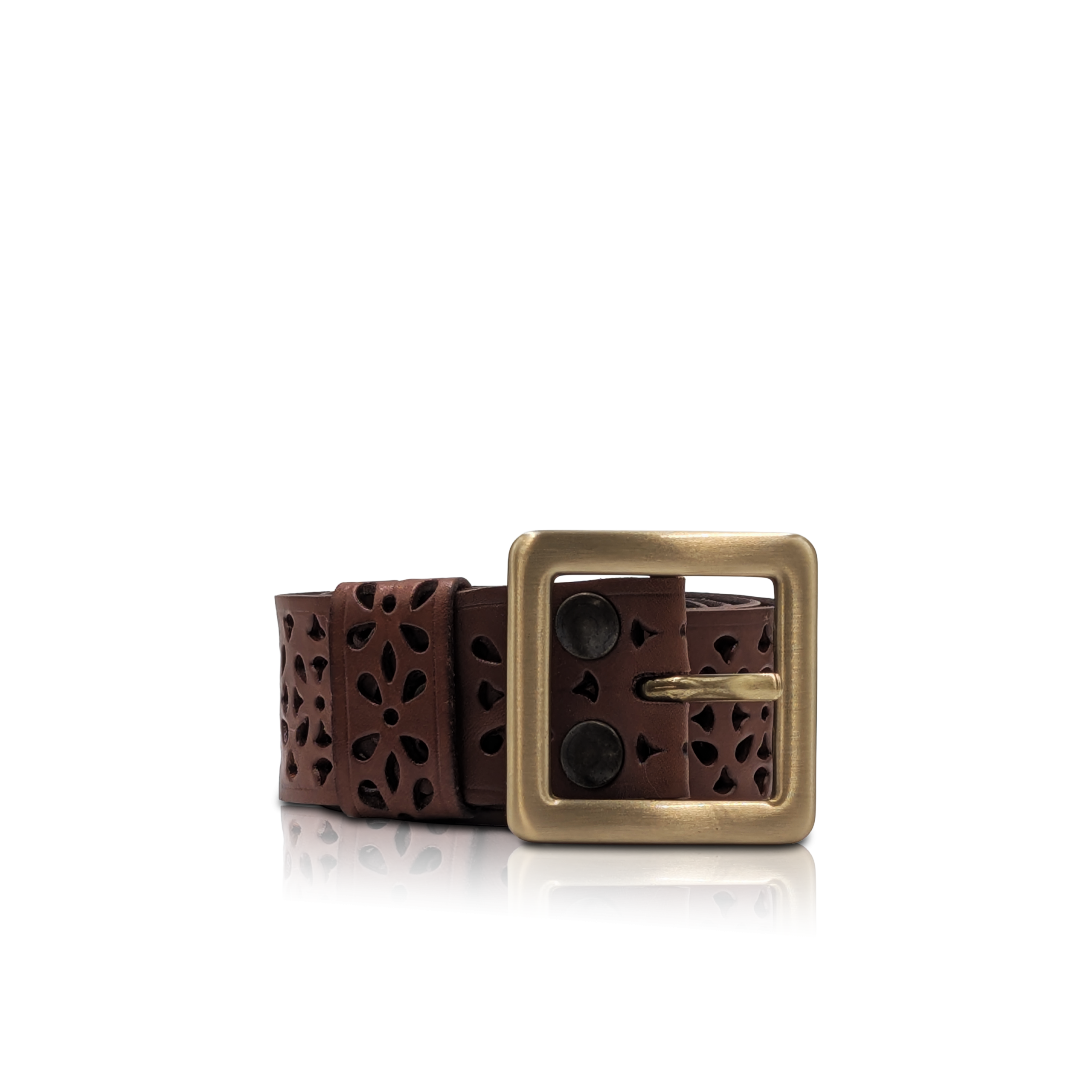 “Karos” Dark Brown Leather Belt | Punched Leather & Satin Gold Buckle