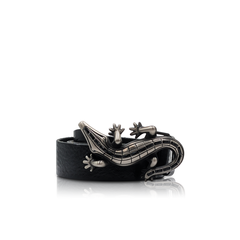 Cintura in vera pelle nera “Onix-Eide” | Fibbia Onix a forma di lucertola