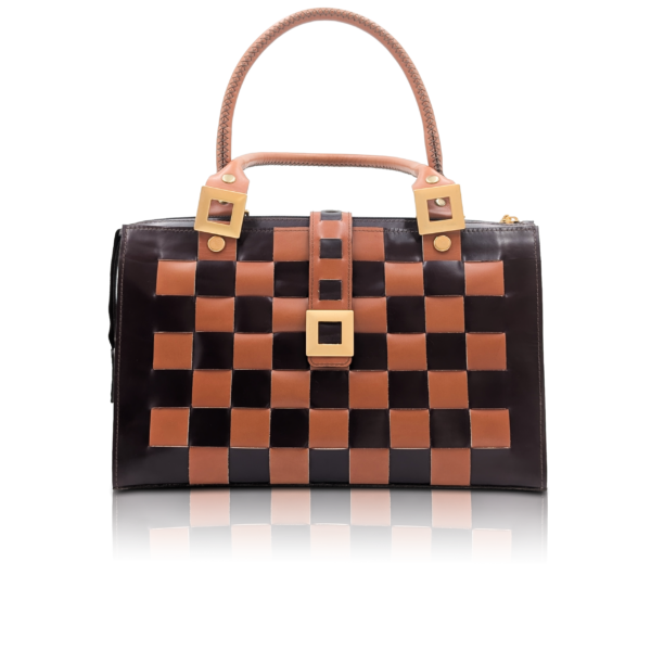 Borsa “Scacco” in pelle intrecciata larga bordeaux cognac con chiusura oro