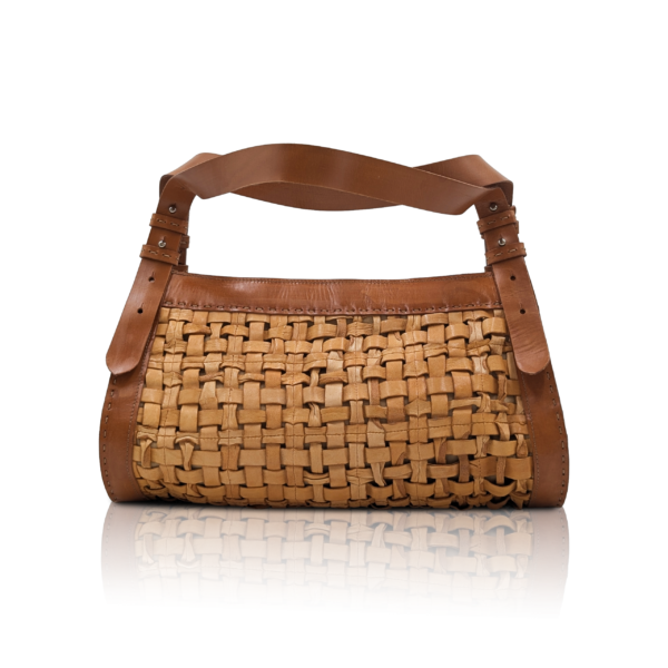 Borsa “Intreccio” in pelle intrecciata cognac chiaro con tracolla regolabile