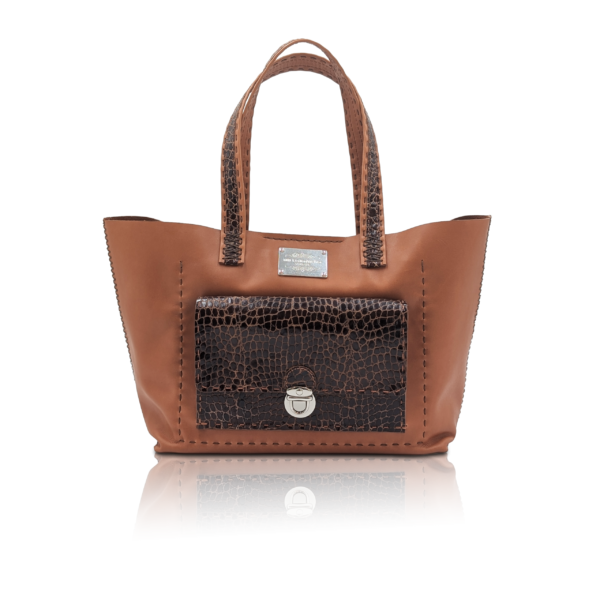 Shopper “Ilaria” in pelle di vitello cognac con tasca frontale effetto cocco