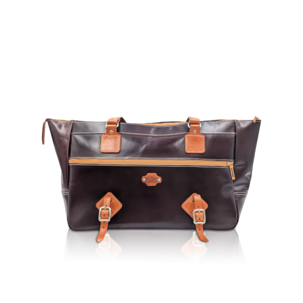 Borsa da viaggio “Bordi” weekender in pelle bordeaux-cognac con fodera in Alcantara beige