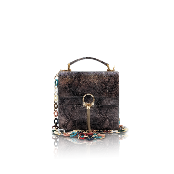 Borsa “Quadro” multicolore in pelle di vitello stampa pitone argento-grigio-bianco