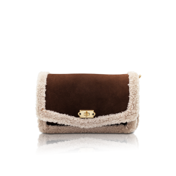 Borsa “MagII” in pelle scamosciata cognac con tracolla accogliente effetto pelliccia