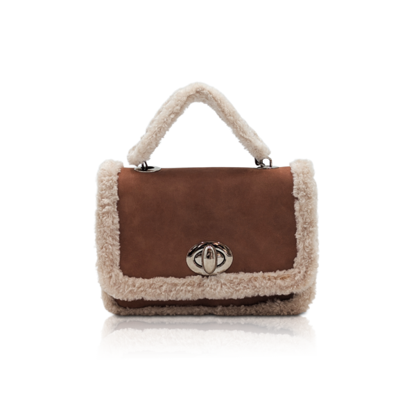 Borsa “MagI” in pelle scamosciata cognac con tracolla effetto pelliccia
