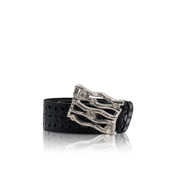 Cintura elegante “Brilly” in pelle nera bottalata con fibbia nichel e zirconi